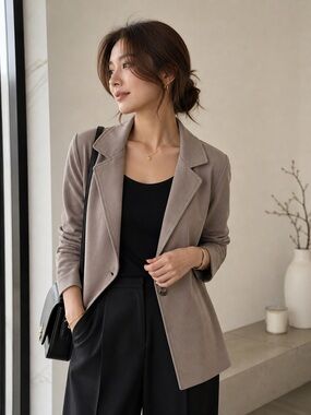 Taupe Women's Blazer Jacket - Classic Single-Button Coat